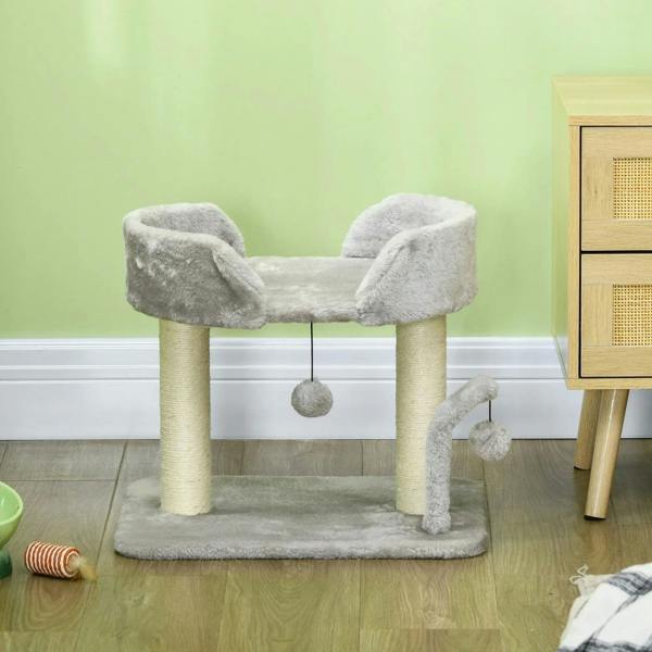 Light grey indoor cat tree with two posts, plush perch, and hanging toy ball