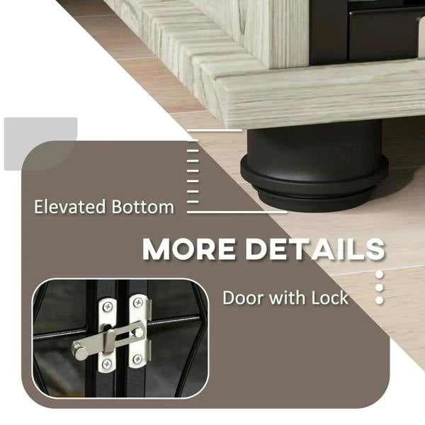Black lockable door on grey dog crate end table with elevated base