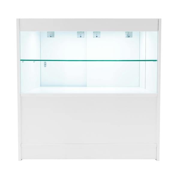 Eclipse LED Shop Counter Set in white with glass shelves, featuring a sleek design and bright interior lighting for display purposes