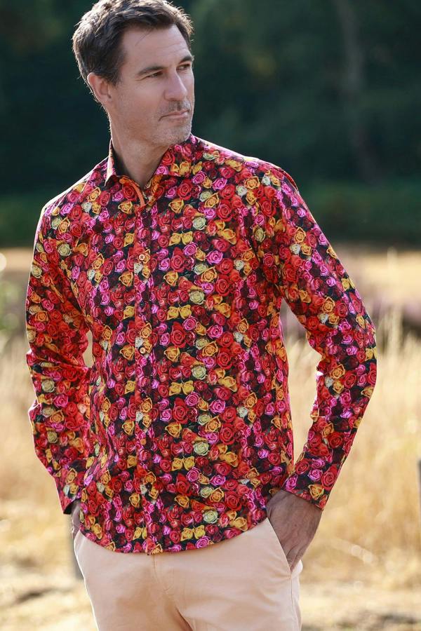 Midnight Rose print shirt by Claudio Lugli, showing the multicolour roses on a near-black ground