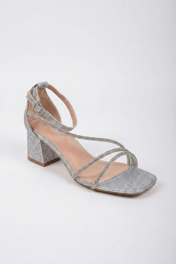 Saoirse Glitter Block Heel Strappy Sandals - Silver