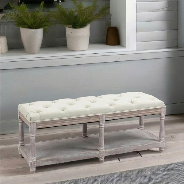 Rafaelo Mobilia Upholstered Wooden Bench Seat With Shelf Cream White