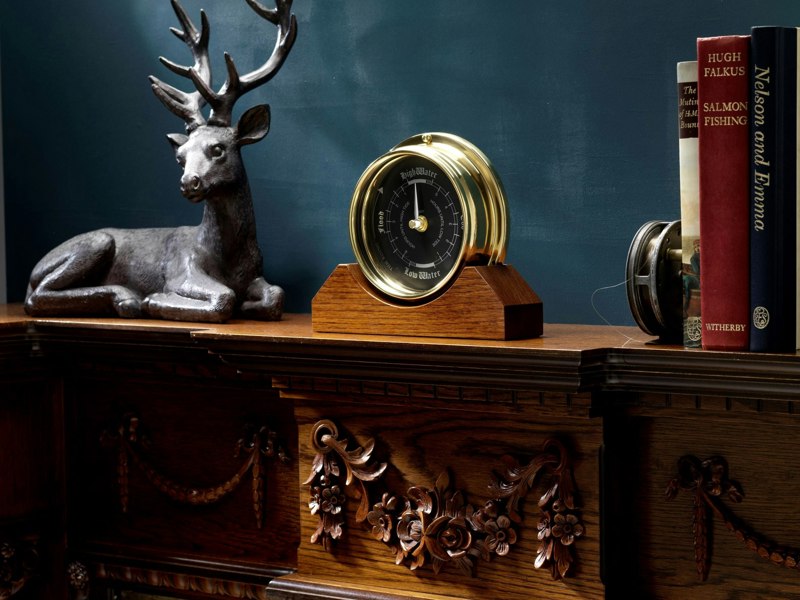 Tabic Handmade Prestige Tide Clock in Solid Brass Mounted on Solid English Dark Oak