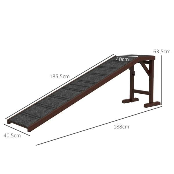 Brown dog ramp with grey non-slip carpet and raised top platform