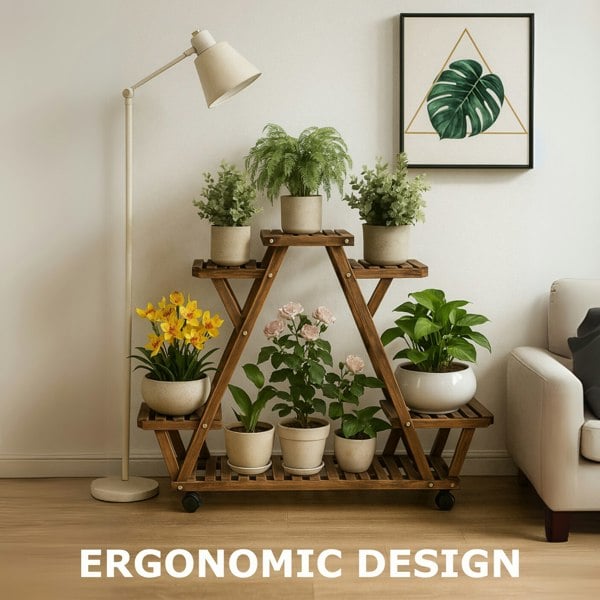 BMBO 6 Tier Wooden Plant Stand With Lockable Wheels