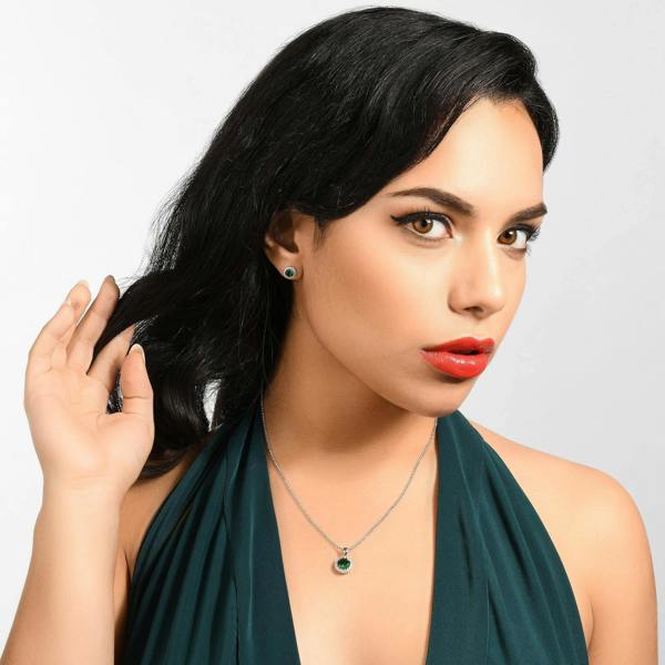 Halo Stud Earrings with Green Cubic Zirconia Stones - namana.london