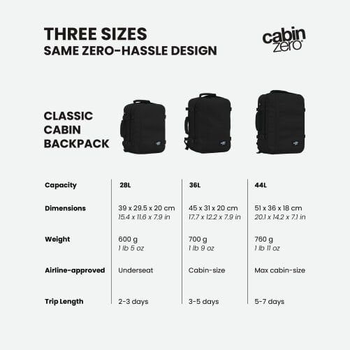 CabinZero Classic Cabin Backpack 44L, Large Carry On Travel Backpack for Week-Long Trips, Max Cabin Size
