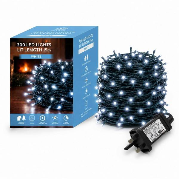 Cool White LED Fairy String Lights with Green Cable, 8 Modes, Memory and Auto Timer image 1