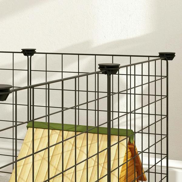 Black metal wire playpen enclosure corner post with upper rail and vertical bars