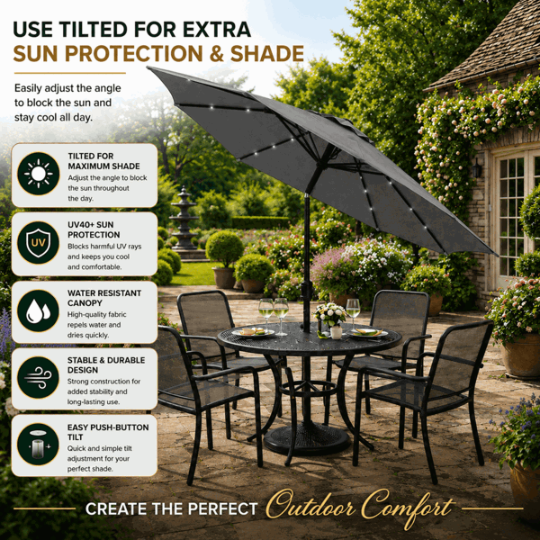 GlamHaus Garden Parasol Solar LED 2.7M ,Tilting Table Umbrella with Crank Handle, Protection UV40, Free Parasol Cover- Dark Grey