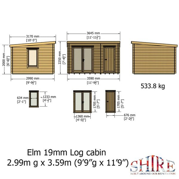 Shire Elm 10Gx12 Multiroom Pent Log Cabin 19mm interlock  Cladding - Best Shed