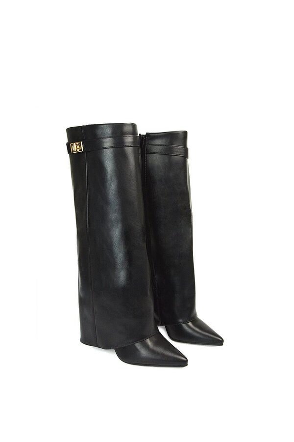 XY LONDON Block Heel Knee High Foldover Boots With Pointed Toe