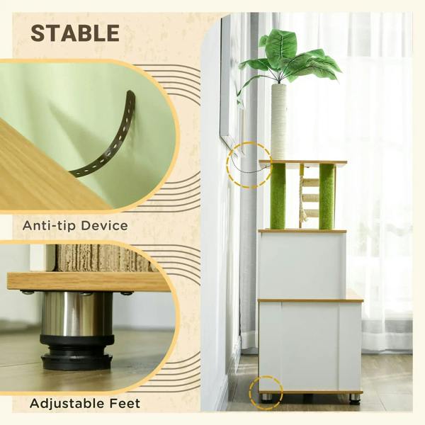 Cat tree litter box with anti-tip device and adjustable feet, oak base and green posts