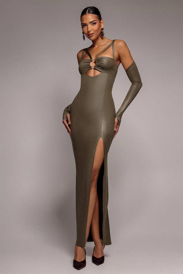 Faux Leather Cut Out Maxi Dress - Khaki DR3725
