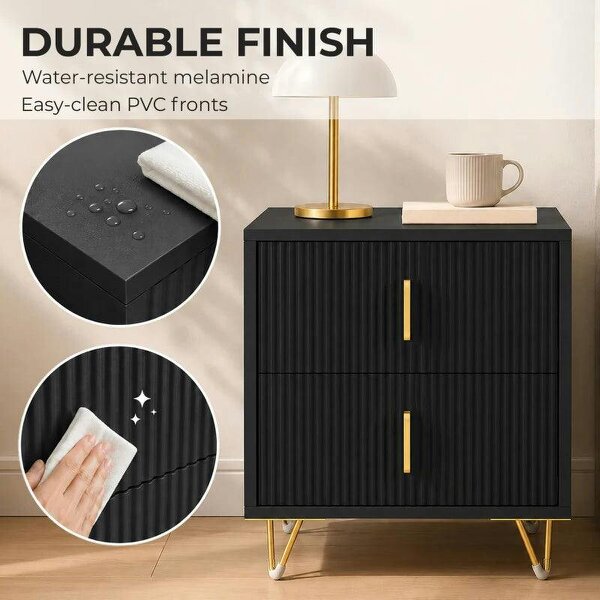 Elegant Fluted Bedside Table - Black/Gold-Tone