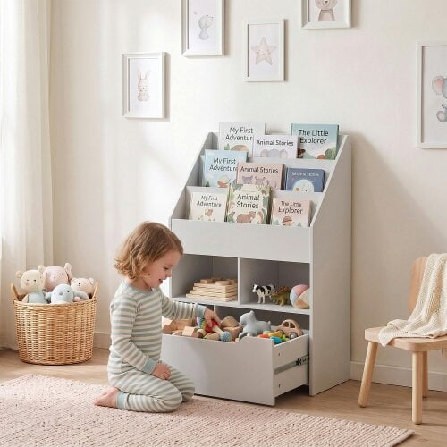 HOMCOM Kids Bookcase, Toy Box w/ Storage Drawer, Wheels for Bedroom - Grey
