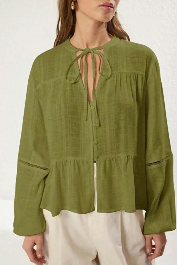 Hoxton Gal Cotton-Textured Regular Fit Woven Shirt with Lace Sleeve Detail