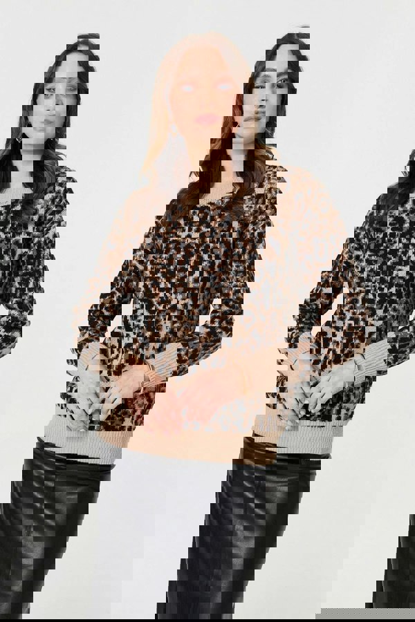 Beige | Animal Print Contrast Hem Knit Jumper