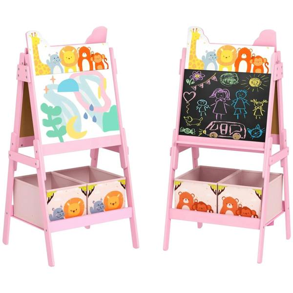 Pink kids 2-in-1 easel with whiteboard and chalkboard, plus 2 storage boxes