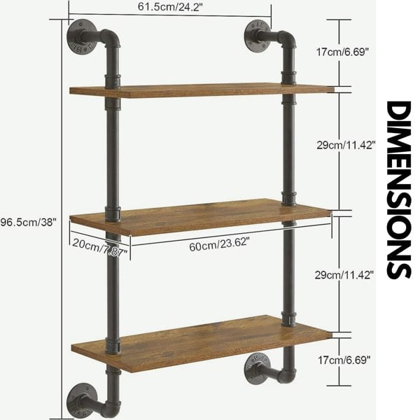 Rafaelo Mobilia Industrial Pipe Wall-Mounted 3 Tier Floating Shelves