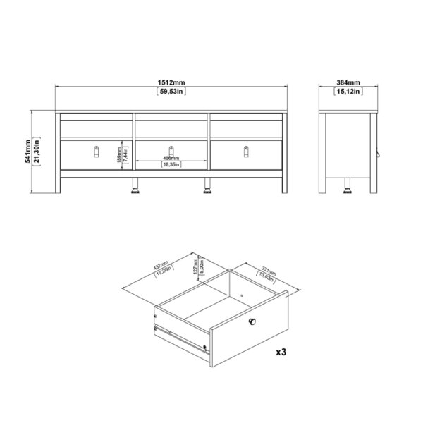 Wyld Haus Wildberry Matt White Wooden TV Unit 3 Drawers Leather Handles