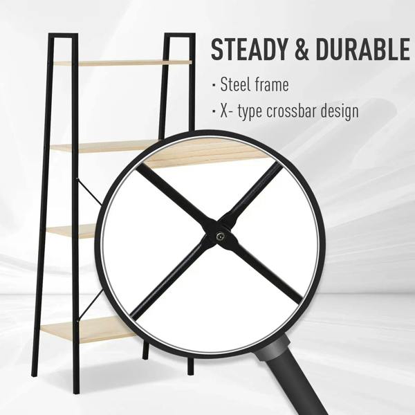 4-tier ladder shelf detail: black steel frame with X-type crossbar design