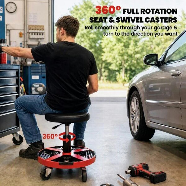 Rolling Mechanic Stool, 40-52 cm Height Adjustable Workshop Stool, 135kg 360° Swivel Roller Padded Creeper Seat, Black
