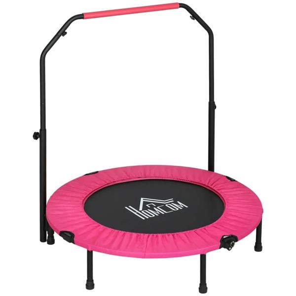 Pink mini foldable fitness trampoline with black frame and foam handle