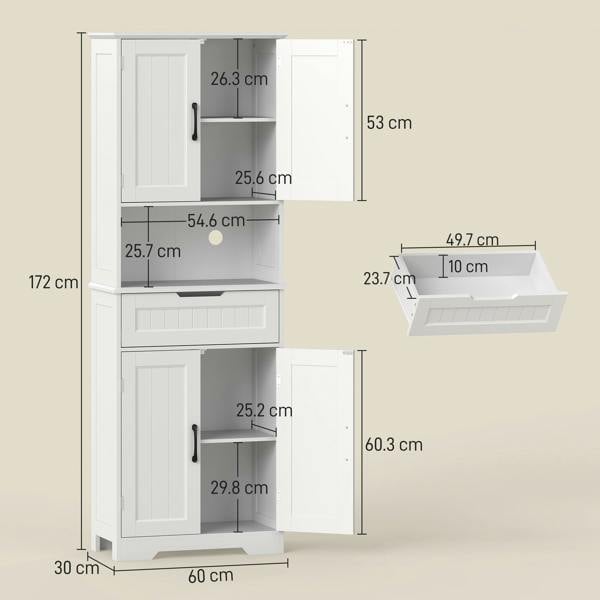 HOMCOM 172 cm Tall Kitchen Pantry Cupboard with Small Open Counter, White