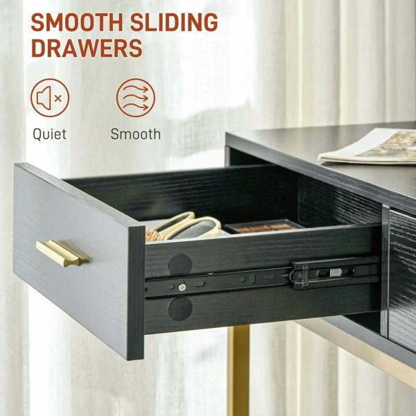 Black vanity drawer with smooth sliding rails and gold handle detail