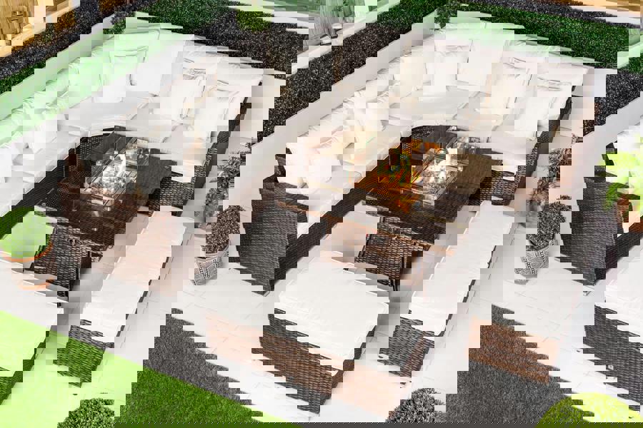 Giardino Santorini 5 Seat Modular Corner Sofa Rattan Garden Furniture Set Outdoor Fire Pit Coffee Table & 2 Benches