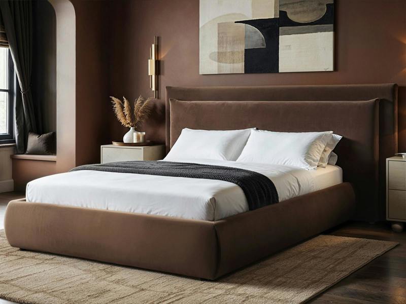 Sigrid Chocolate Velvet Cushion Headboard Ottoman Bed