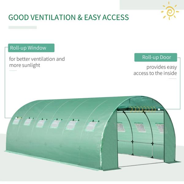 Green tunnel greenhouse cover showing roll-up window for ventilation and roll-up door access