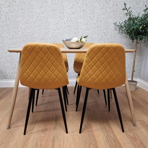 Kosy Koala Modern Wood Effect Dining Table Set With 4 Mustard Gem Pattern Chairs Dining Room Furniture
