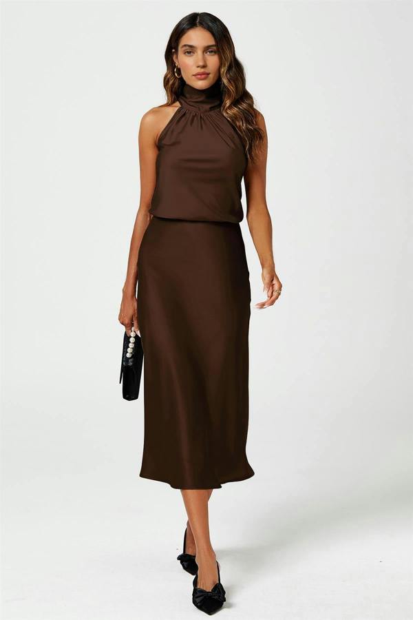 FS Collection Brown Satin Midi Skirt