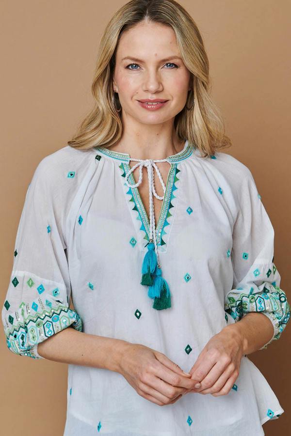 White | Embroidered Tassel Tie Front Blouse