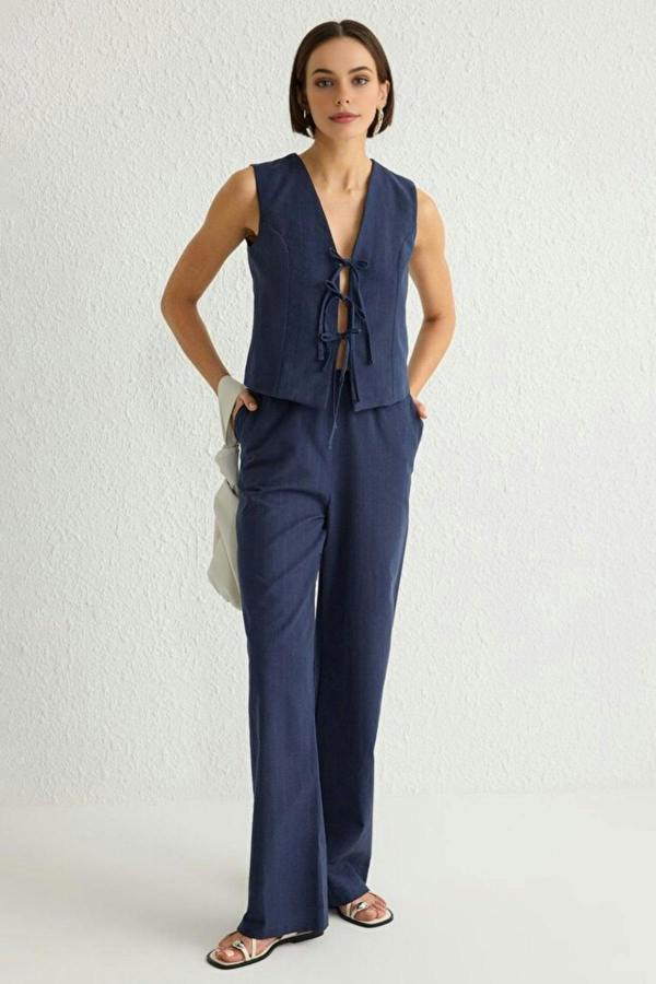 WOVCOR 2-Piece Tie-Front Linen-Look Blouse & Wide Leg Woven Pants Set