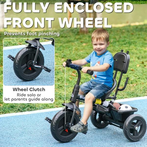 Dark blue kids tricycle with enclosed front wheel guard and non-slip pedals