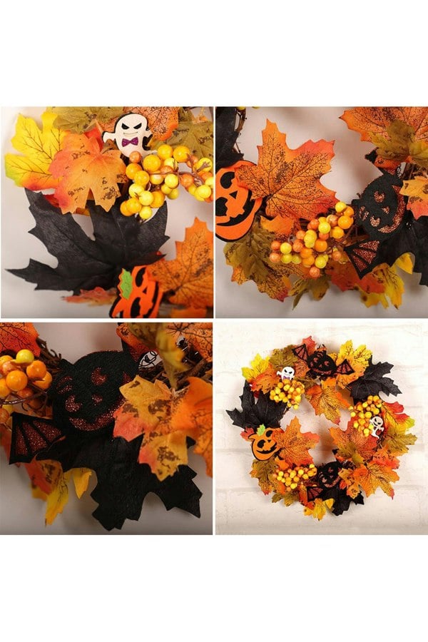 Living and Home 35cm Artificial Fall Wreath for Front Door Maple Leaf Berry Halloween Theme Wreath with Light