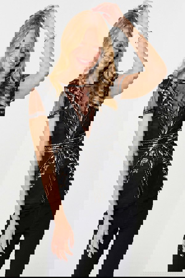 Black | Geometric Sequin Mesh Short Sleeve Top
