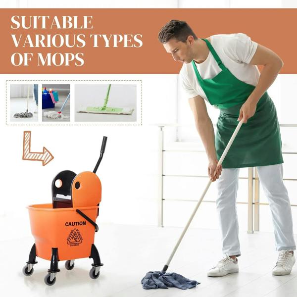 Orange mop bucket with wringer and handle, wheeled cleaning cart