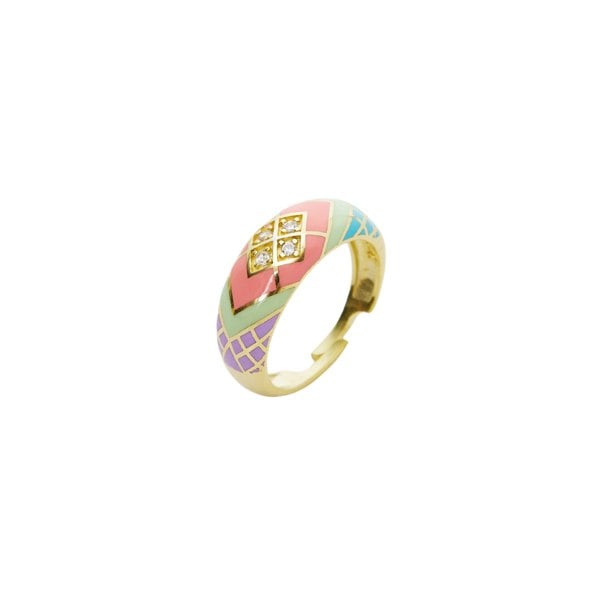 Spero London Enamel Pink Five Color Diamond Sterling Silver Dome Ring