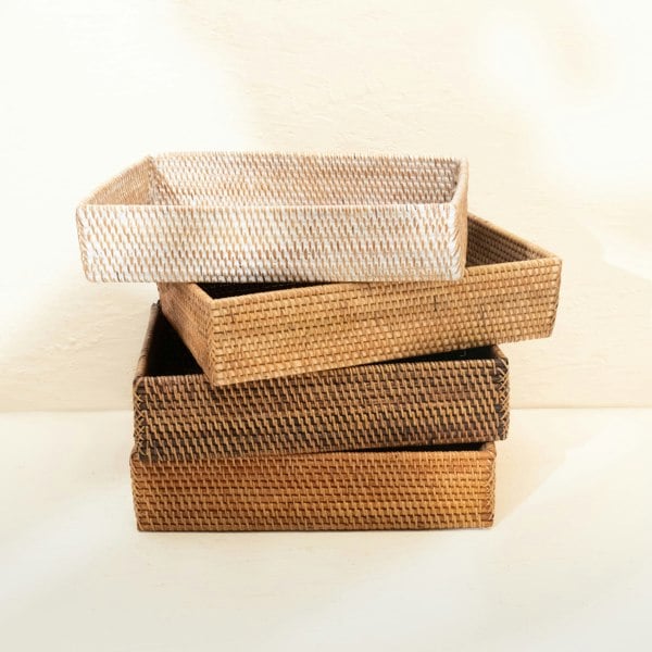 White wash rattan A4 paper tray desk organiser handwoven wicker