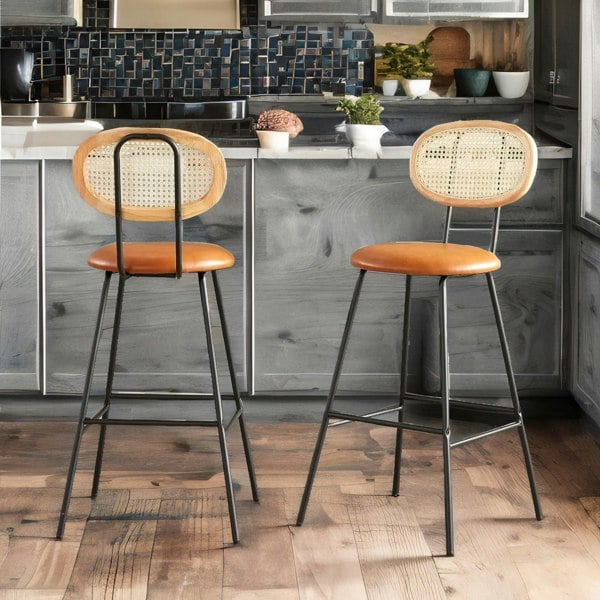 Rafaelo Mobilia Set Of 2 Faux Leather Bar Stools With Rattan Back Brown