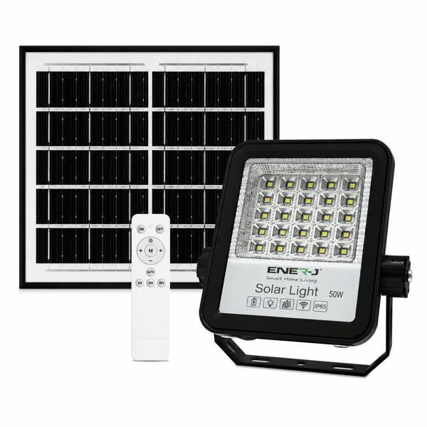 ENER-J 50W solar LED floodlight with solar panel and remote control on white background