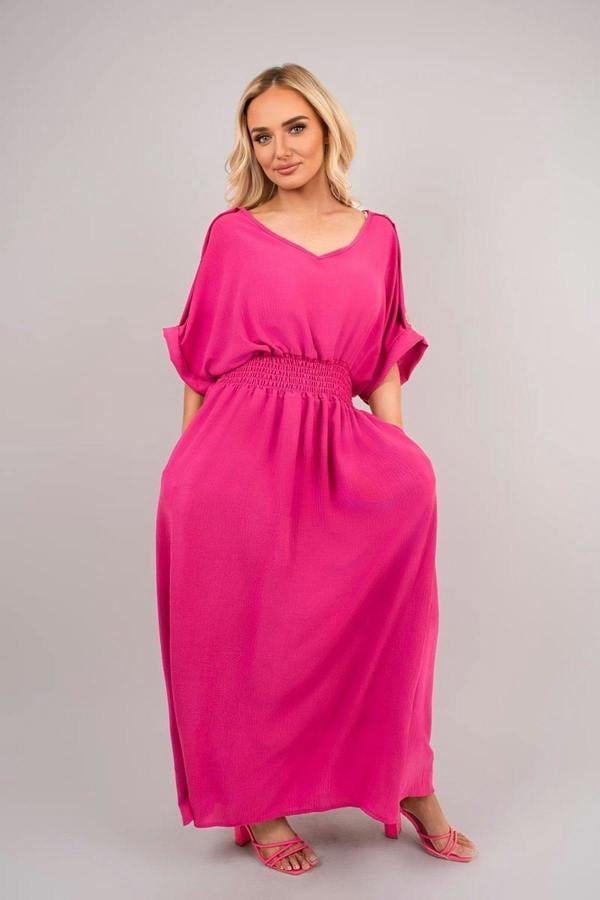 Zamara V Neck Short Sleeve Maxi Dress With Button Detail - Fuschia