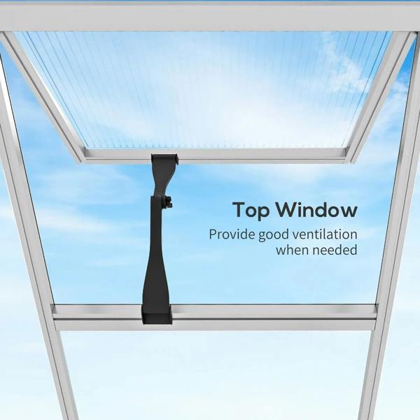Aluminium greenhouse top window vent with clear roof panels.