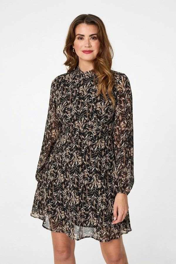 Black | Abstract Semi Sheer Short Skater Dress
