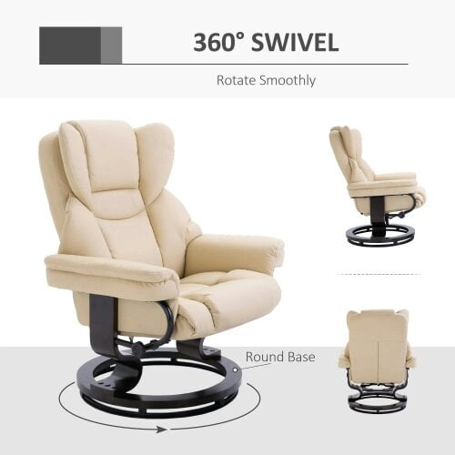 Bobobiy 360° Swivel Recliner Chair with Footstool, PU Leather Manual Recliner Armchair with Footstool, Solid Wood Base, Cream