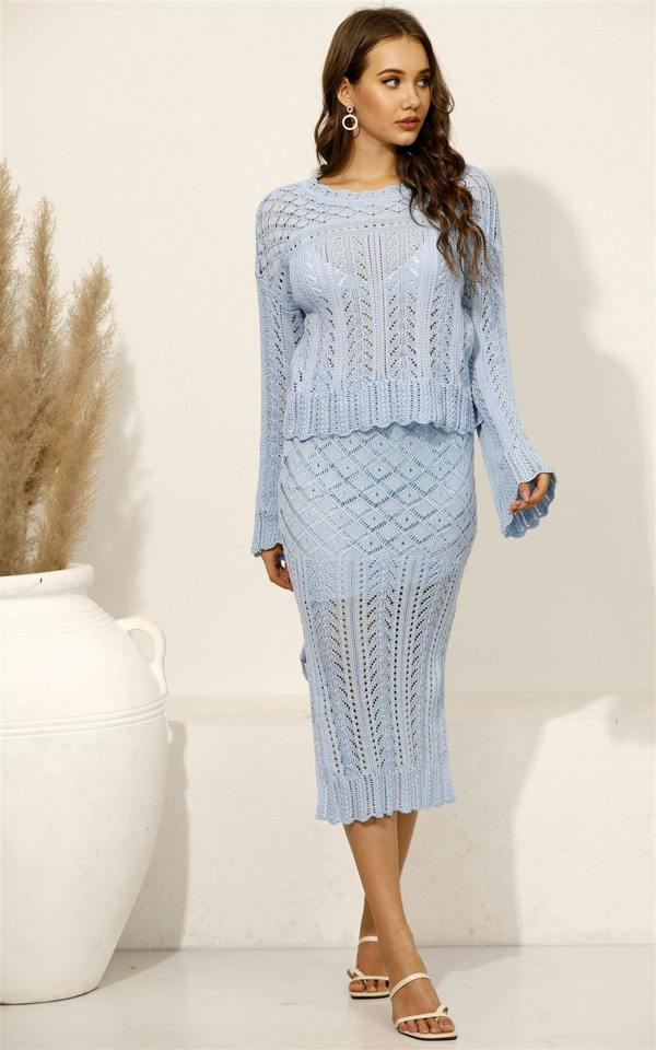FS Collection Comfy Ecru Openwork Knit Top & Midi Slip Skirt In Baby Blue